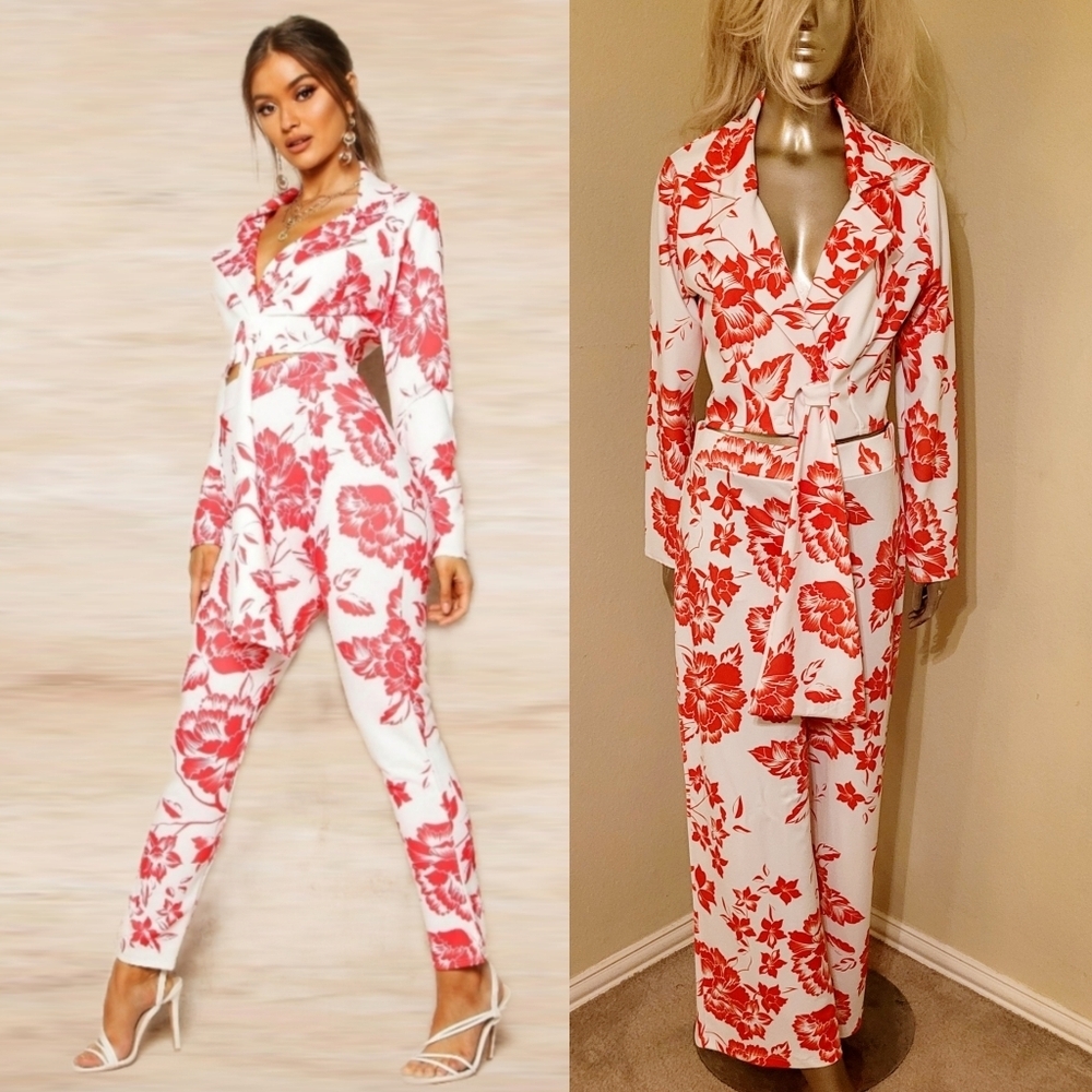 NWT Floral Print Red Co-Ord Trouser & Jacket Set Sz 10